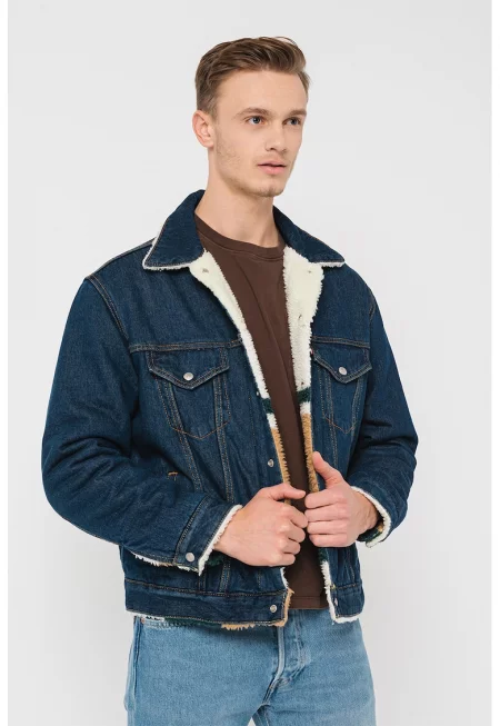 Дънково яке с подплата от еко кожа - Тъмносин