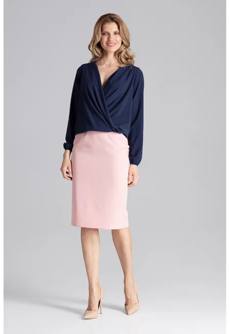 Елегантна дамска блуза -  Дълъг ръкав - Полиестер/Еластан - Тъмносин