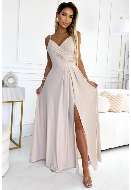 Елегантна макси рокля с презрамки - - Крем