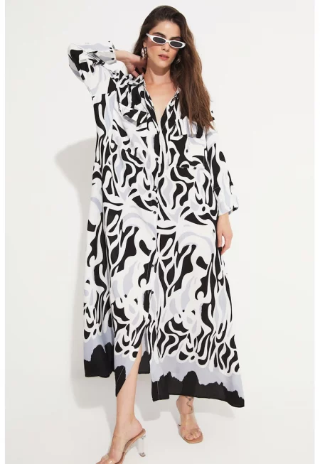 Голяма рокля тип риза с принт и джобове - Черен/Светло сив/Бял