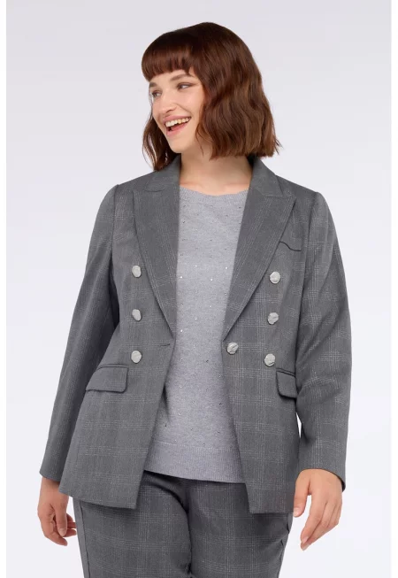 Карирано сако с декоративни копчета - Сив меланж