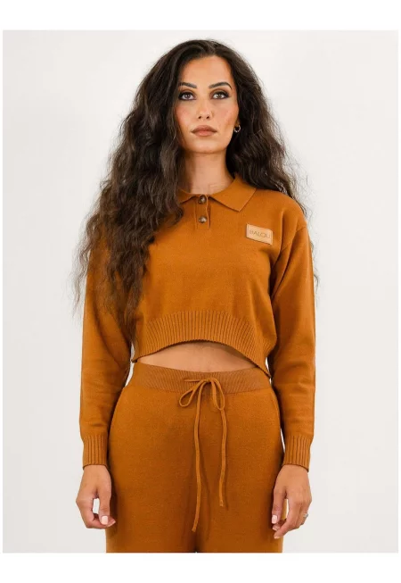 Къс пуловер с яка - Кафяв -