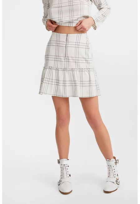 Къса карирана пола с набран подгъв - Черен/Мръснобял