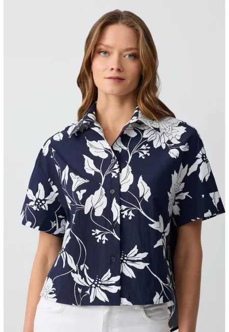 Къса памучна риза - Бял/Тъмносин