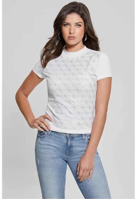 Къса тениска с монограм от декоративни камъни - Бял/Сребрист