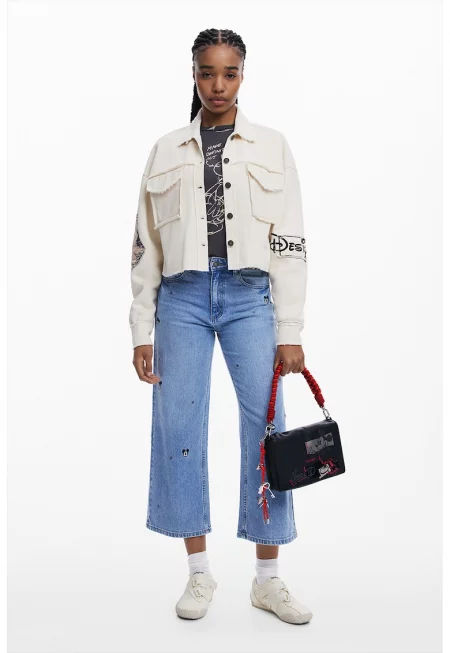 Късо яке с графика - Слонова кост/Черен