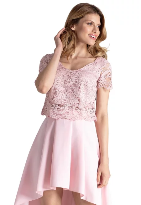 Комплект блуза и пола  дантела - асиметричен - розов - 97% полиестер 3% еластан -