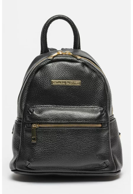 Кожена раница с преден джоб с цип - Черен