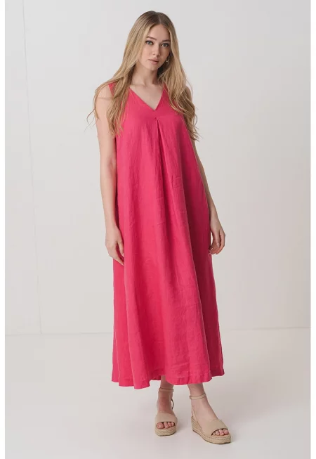 Ленена миди рокля с шпиц - Фуксия