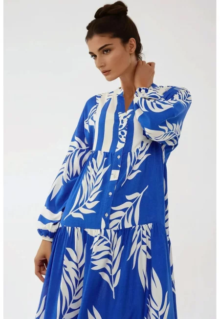Макси рокля -  щампа - V-образно деколте - синя - вискоза
