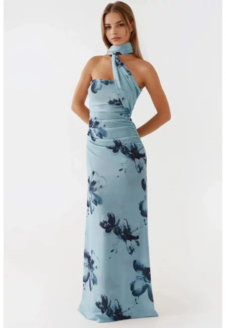 Макси рокля -  вталена - без презрамки - синя - тюл