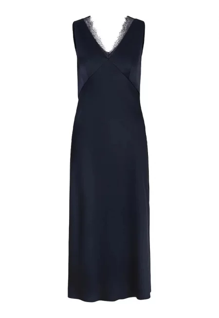 Миди рокля без ръкави с V-образно деколте и дантелени детайли - Тъмносин