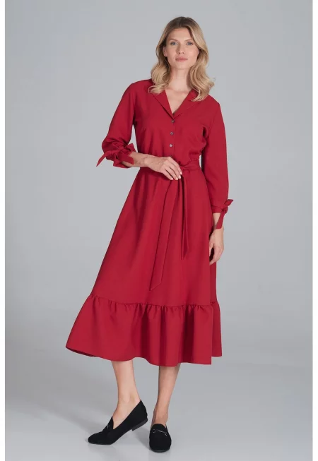 Миди рокля  червена - полиестер - с колан - волани - размер