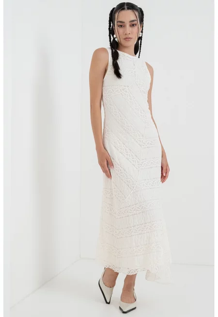 Миди рокля с кроше - Мръснобял