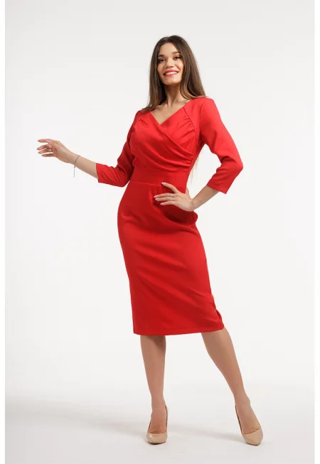 Миди рокля с шпиц и шлиц отзад - Аленочервен