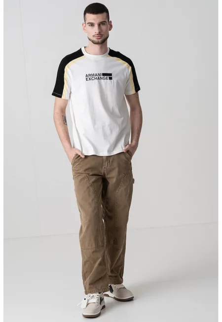 Памучна тениска с контрасти - Бял/Черен/Жълт