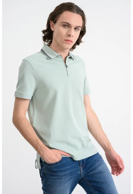 Памучна тениска с яка и къс цип - Бледозелен