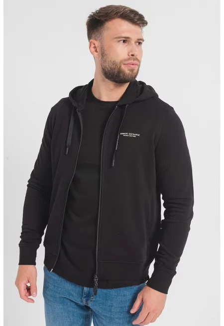 Памучно худи с цип и лого - Черен