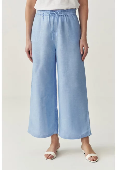 Панталон с лен и широк крачол - Пастелносин