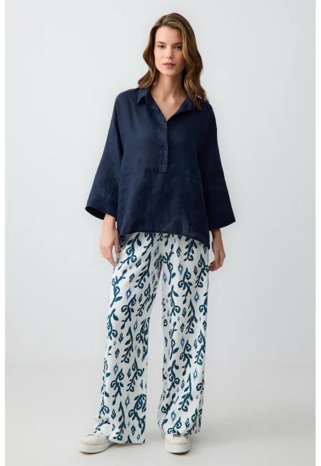 Панталон с лен с широк крачол - Бял/Петролно синьо