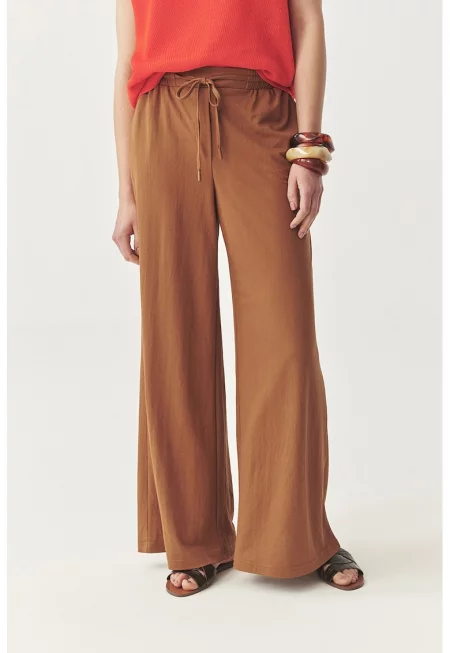Панталон с връзка и широк крачол - Канелено кафяво