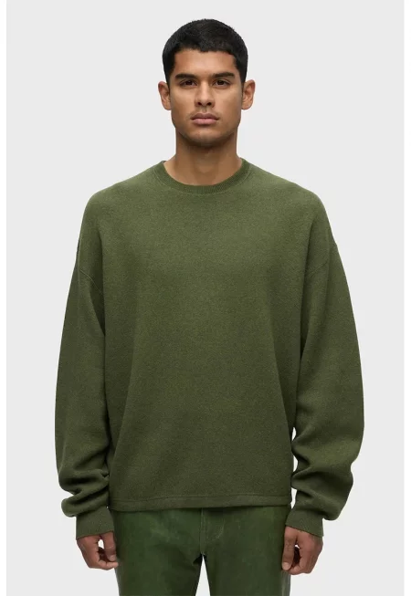 Плетен пуловер с кръгло деколте - Зелен