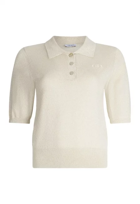 Плетена тениска с яка и брокат - Бежов