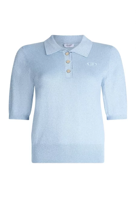 Плетена тениска с яка и брокат - Светлосин