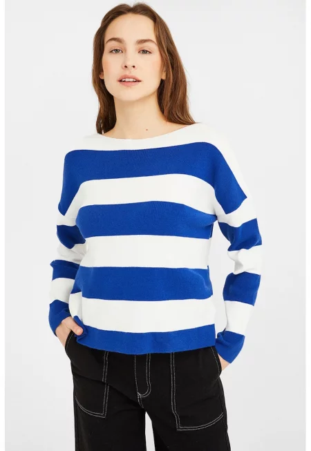 Пуловер на райе и паднали ръкави - Бял/Кралско Синьо