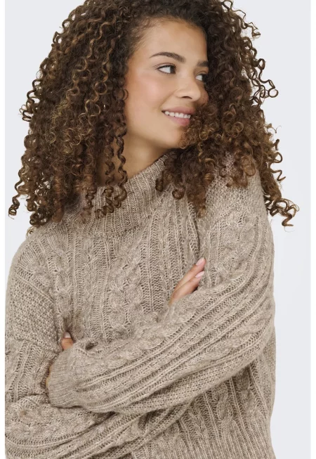 Пуловер с вълна с плетка осморка - Светлокафяв