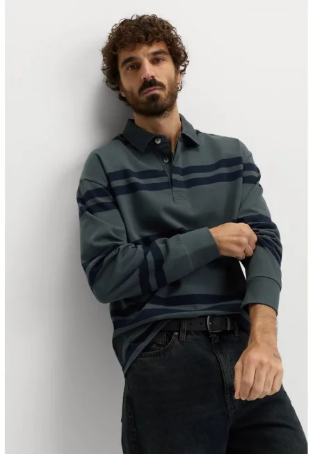 Раирана памучна блуза с яка - Тъмносин/Зелени аспержи