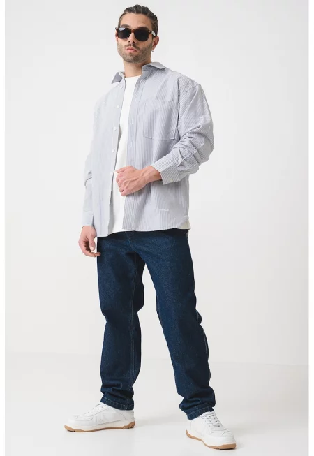 Раирана риза с памук с пришит джоб - Бял/Сив