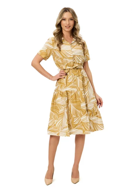 Разкроена миди рокля - Бял/Сламеножълт