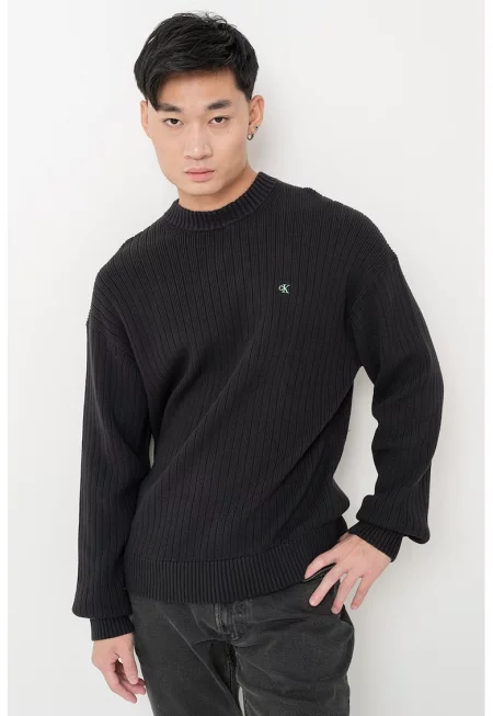 Рипсен пуловер с лого - Черен