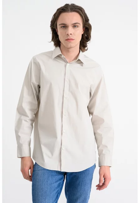 Риза с памук и класическа яка - Мръснобял