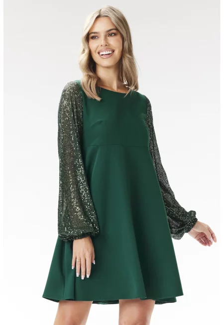 Рокля -  A694 - ръкав с пайети - зелено стъкло - полиестер-еластан
