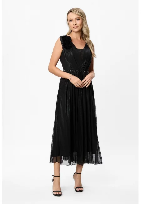 Рокля с флорални апликации - Черен