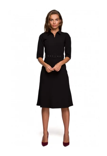 Рокля с яка и колан  Полиестер - Черен