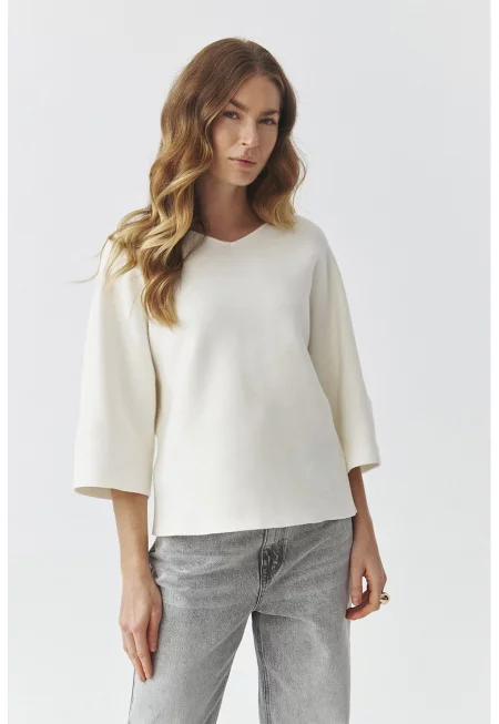 Шпиц пуловер с 3/4 ръкави - Мръснобял