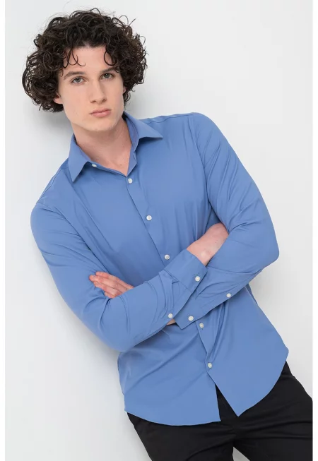Слим риза с копчета на маншетите - Прашно синьо