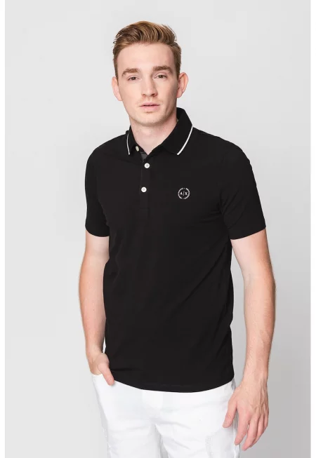 Слим тениска с яка и лого - Черен