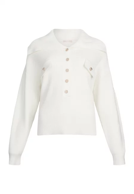 Свободен пуловер с уголемена яка - Бял