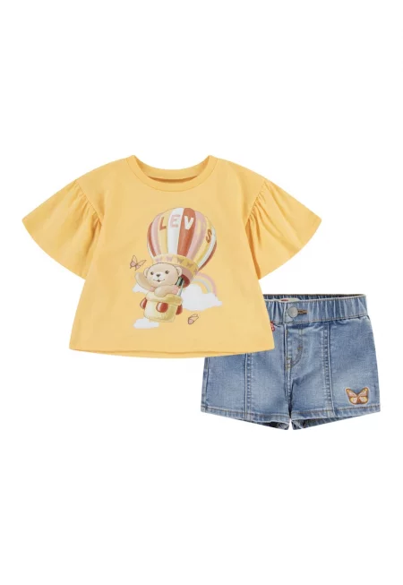 Тениска с памук и къс панталон - Прашно синьо/Шафраново жълто