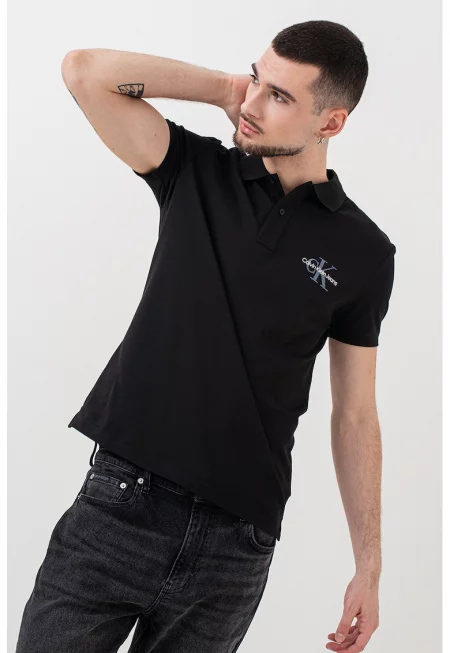 Тениска с яка и лого - Прашно синьо/Избеляло черно/Бял