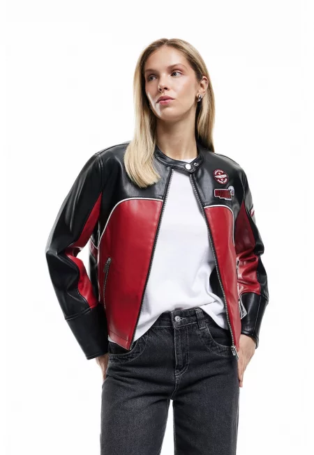 Яке от еко кожа с джобове с цип - Червен/Черен