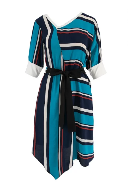Асиметрична рокля с цветен блок - Бял/Черен/Син