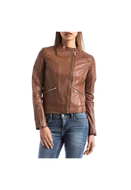 Байкърско яке с цип  Кожа - Кафяво - Кафяв