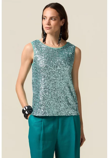 Бляскава блуза с овално деколте - Морско зелено -