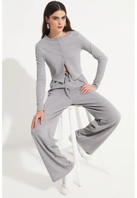 Бляскава жилетка и панталон с широк крачол - Светло сив