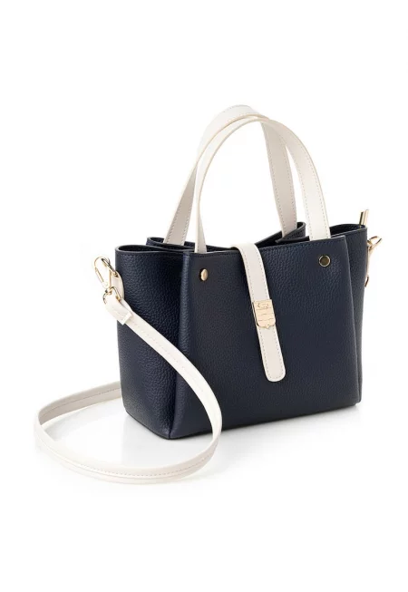 Чанта от екологична кожа със сваляща се презрамка - Тъмносин/Крем - 19 x 25 x 11 CM